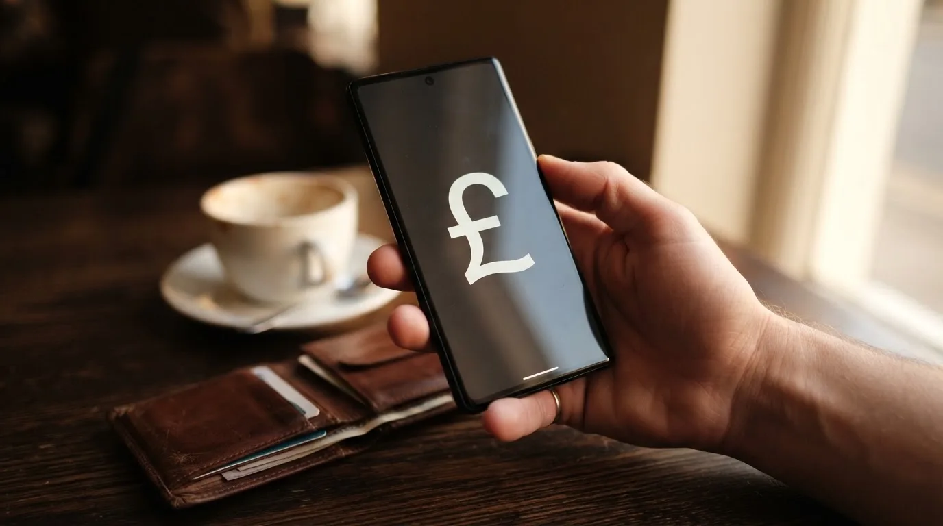 A smartphone on a wooden table beside a wallet and a coffee cup