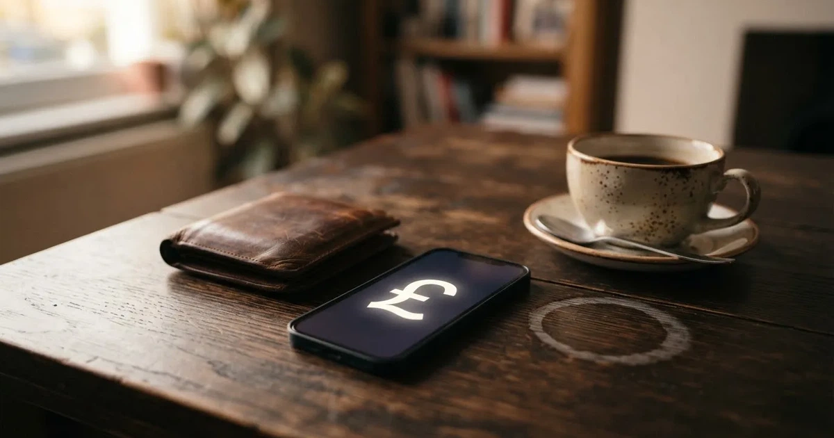 A smartphone on a wooden table beside a wallet and a coffee cup