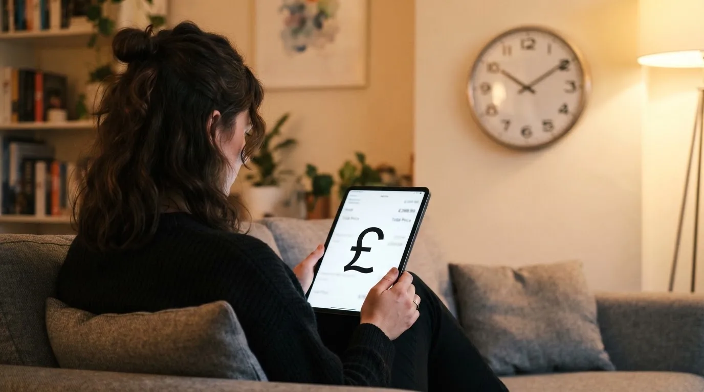 A person on a sofa looking thoughtfully at a tablet, a wall clock in the background
