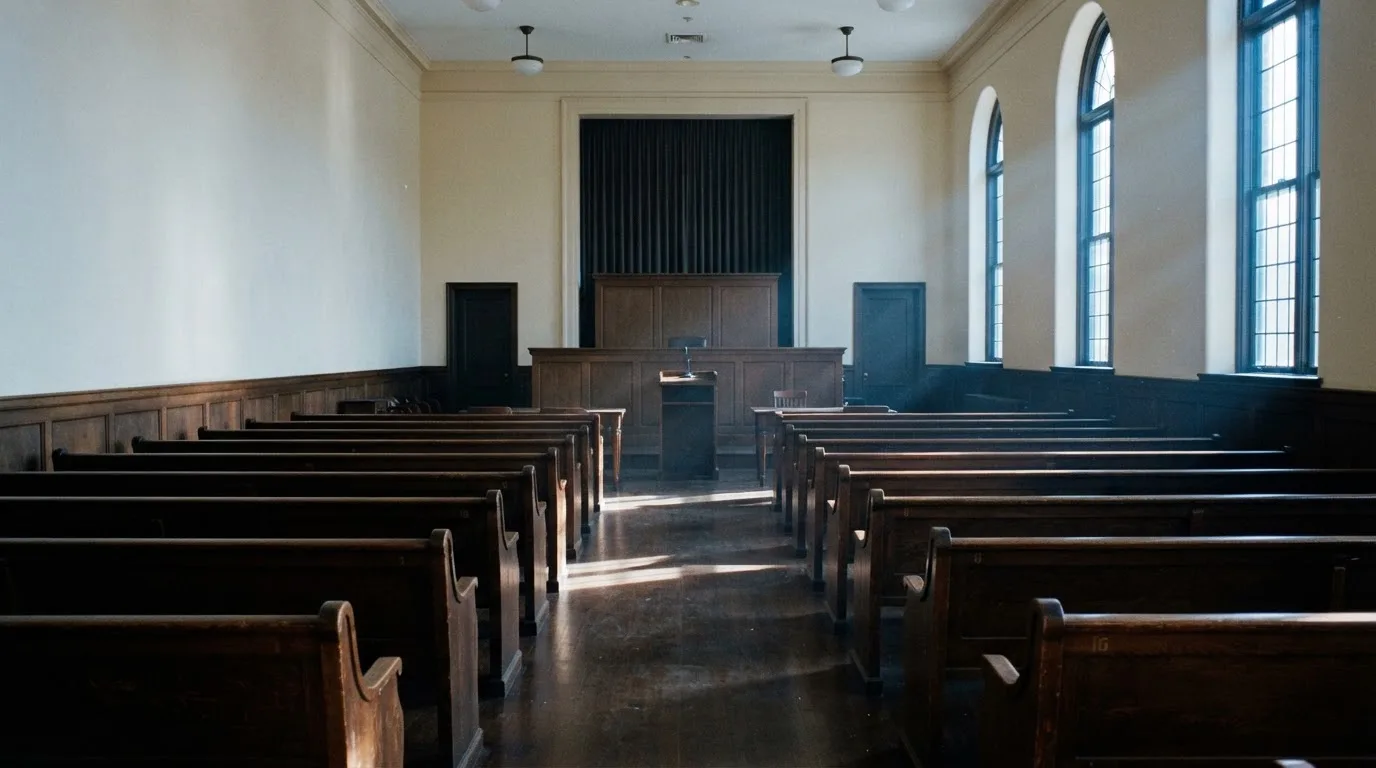 An empty courtroom with wooden benches in morning light