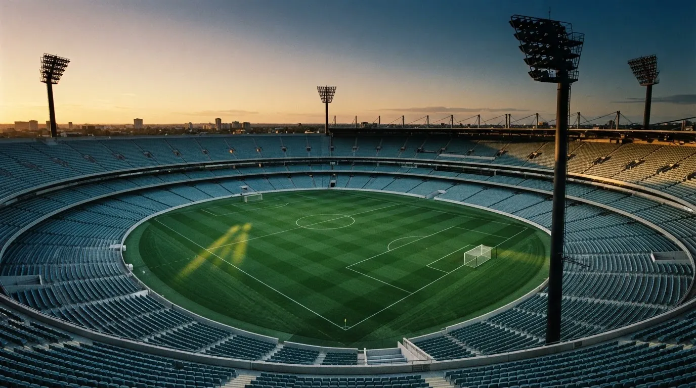An empty football stadium with floodlight masts at dusk