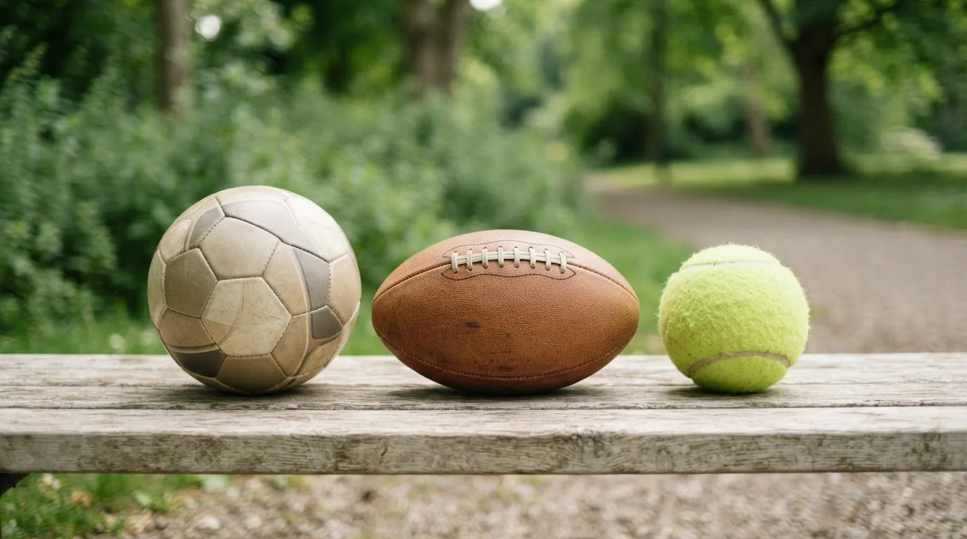 Three balls of different kinds side by side on a wooden bench