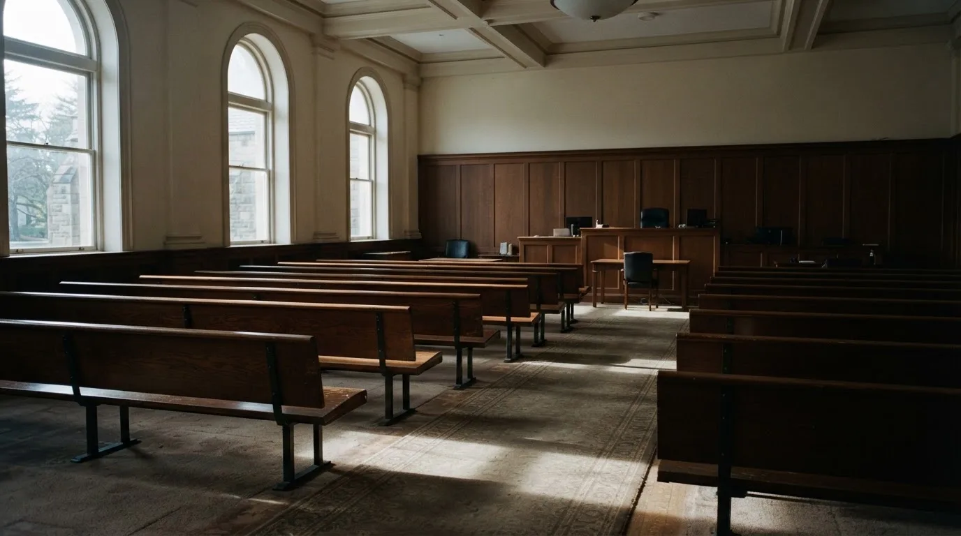 An empty courtroom with wooden benches in morning light