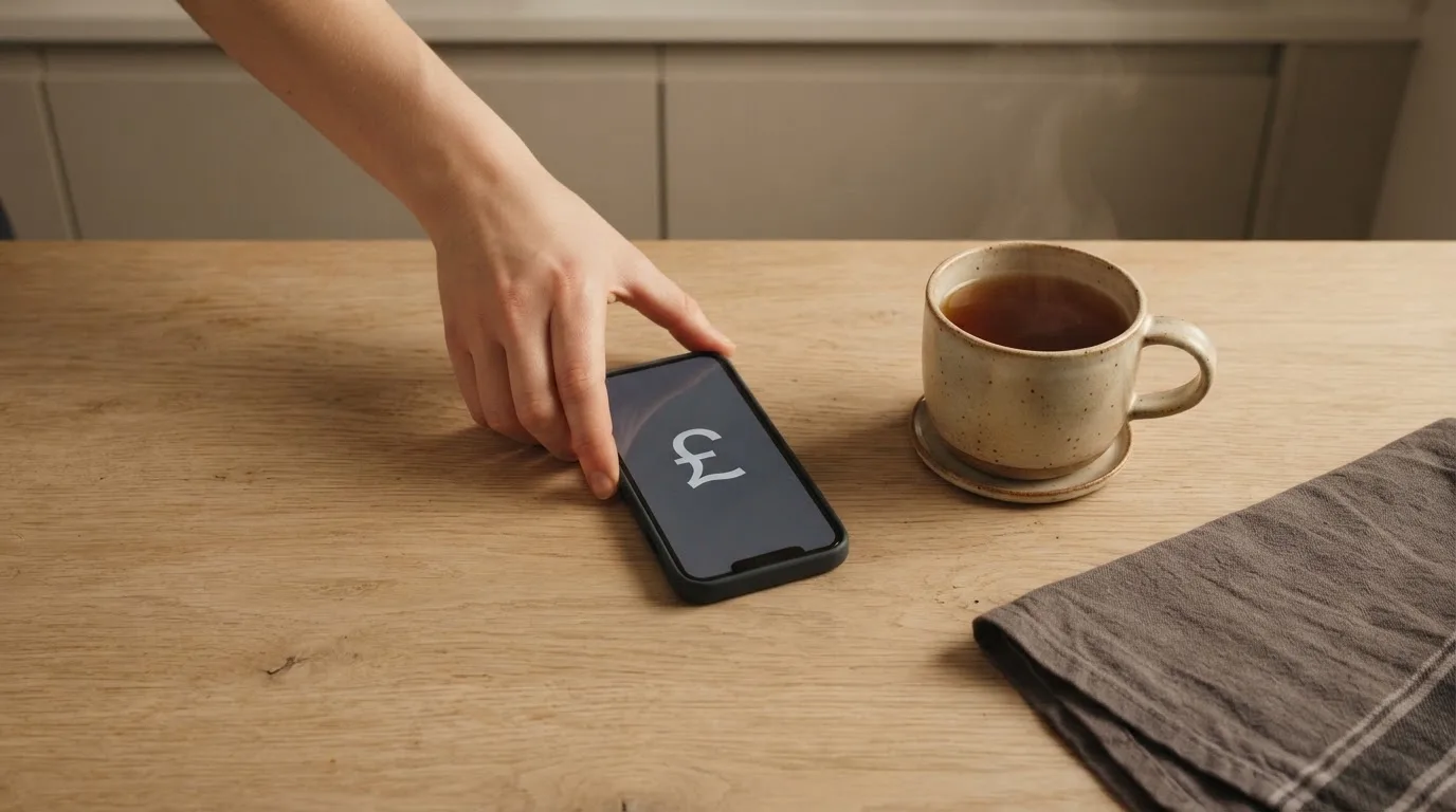 A hand setting a smartphone down beside a cup of tea on a kitchen table on a quiet evening