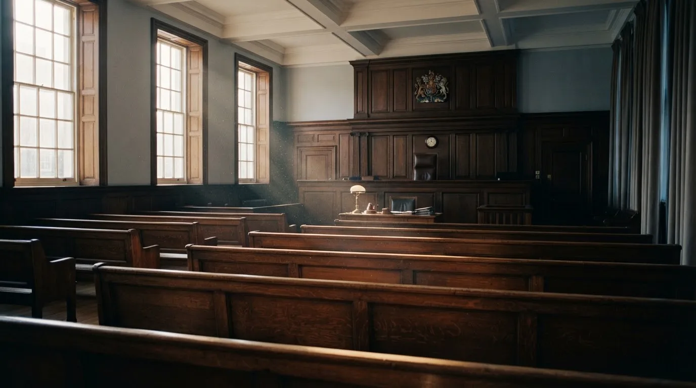 An empty courtroom with wooden benches in morning light