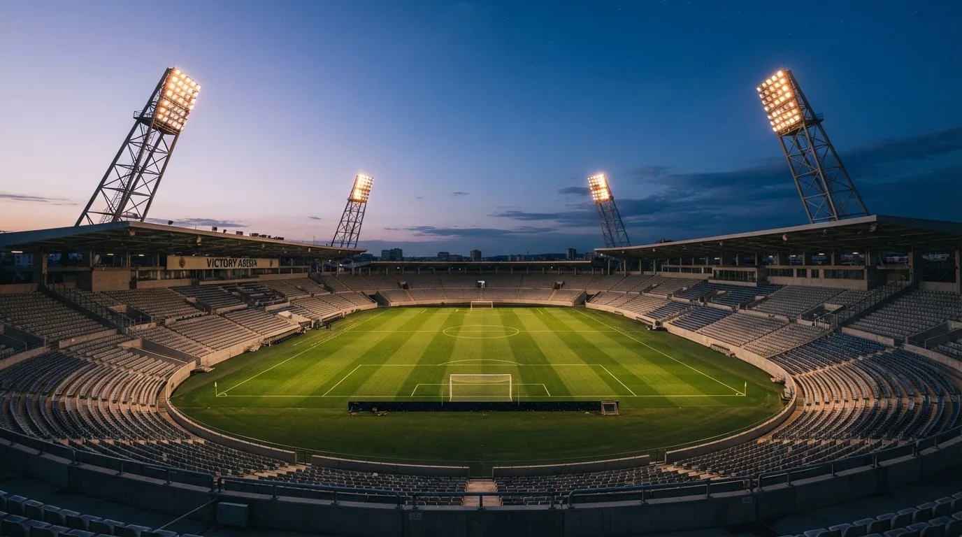 An empty football stadium with floodlight masts at dusk