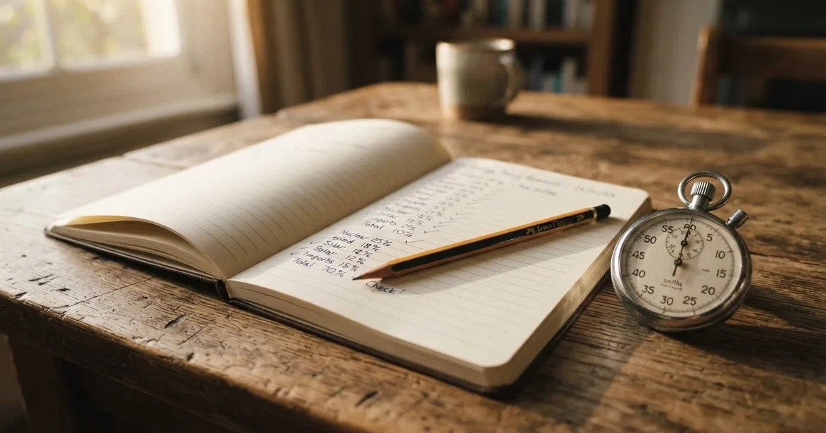 An open notebook with a pencil and a stopwatch on a wooden table