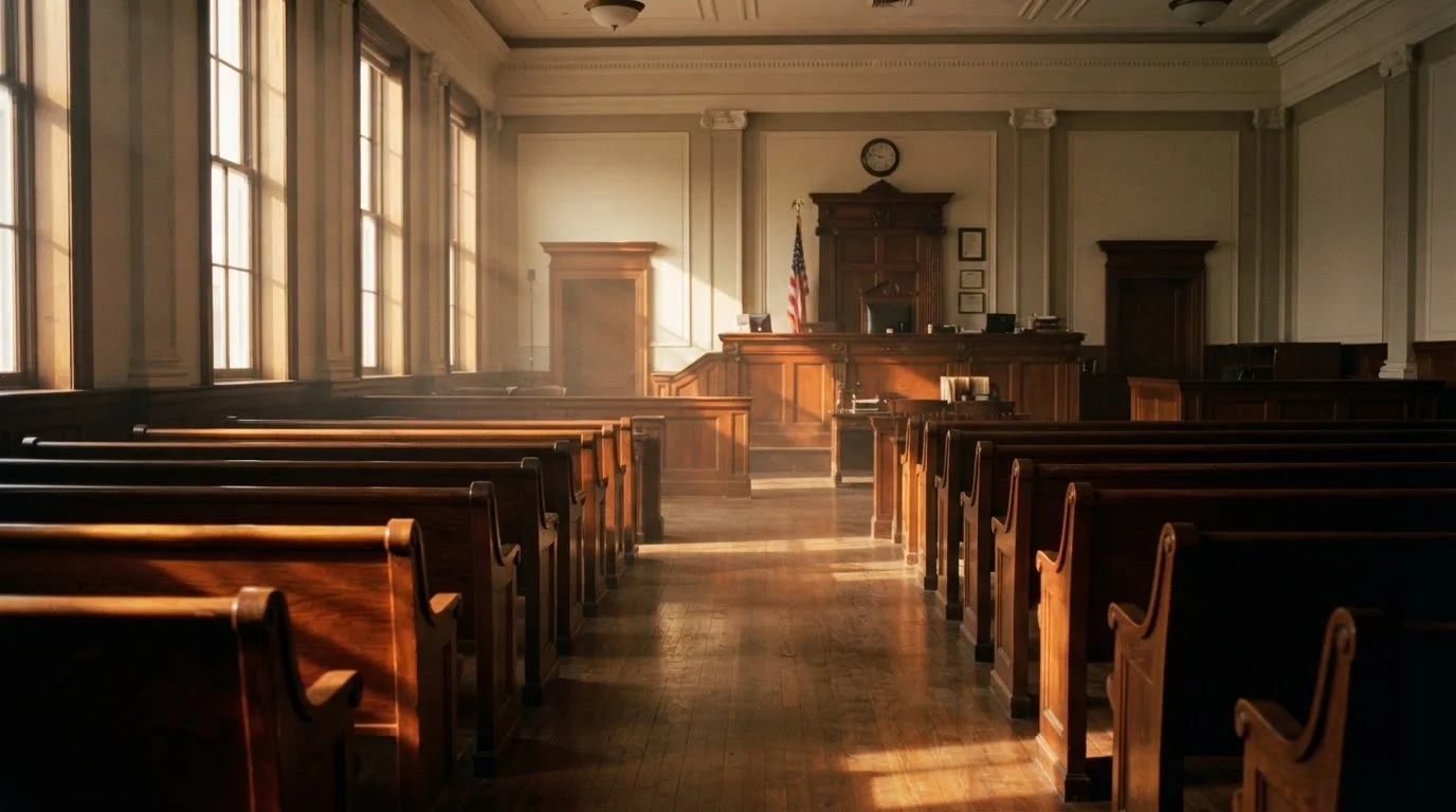An empty courtroom with wooden benches in morning light