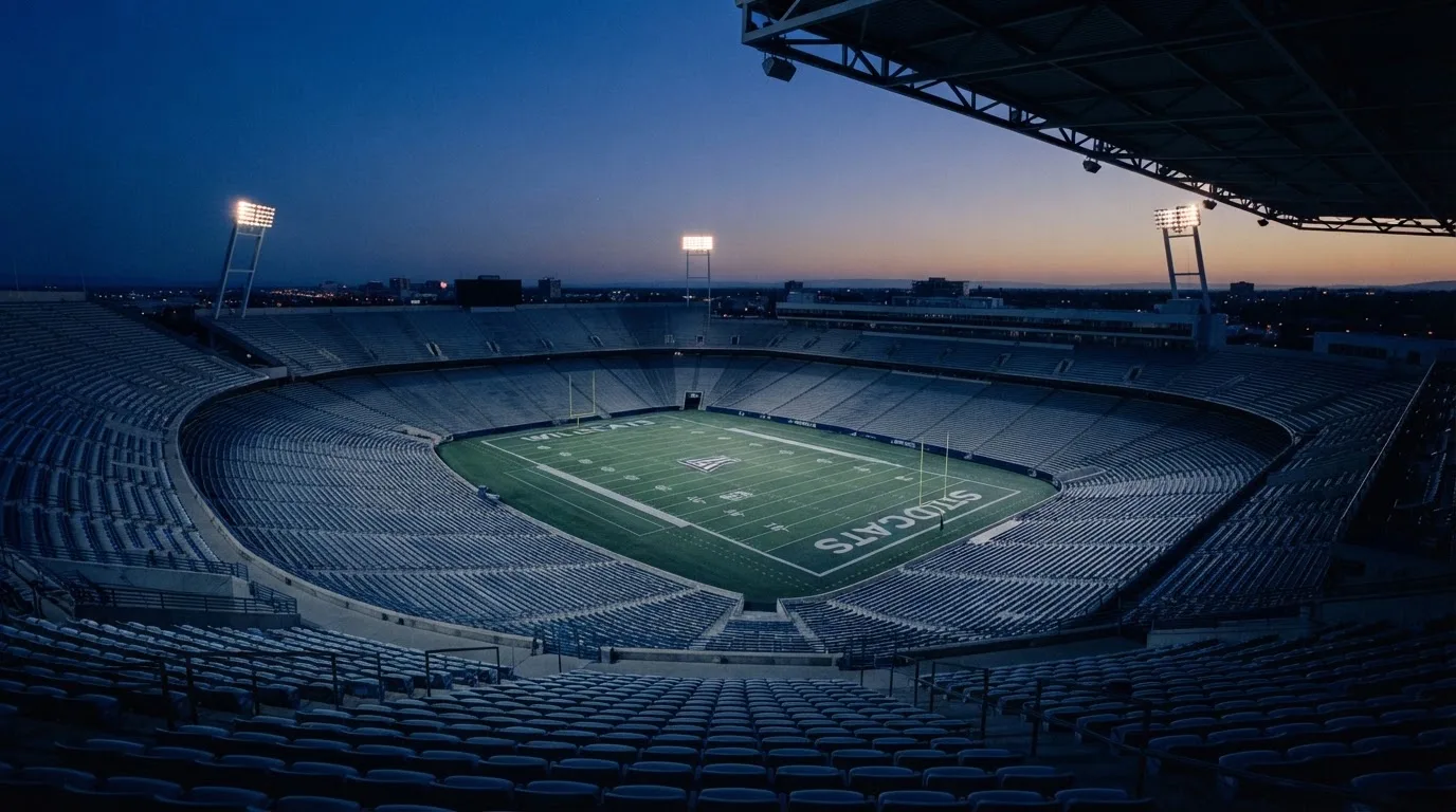 An empty football stadium with floodlight masts at dusk