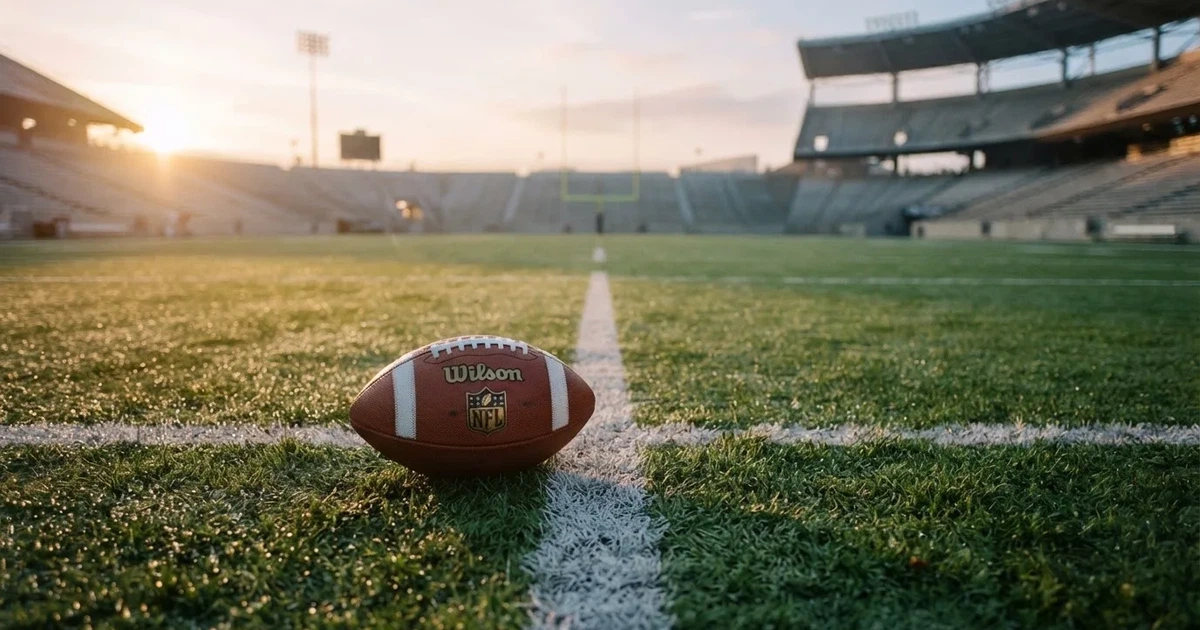 A ball on the centre spot of a grass pitch in morning light