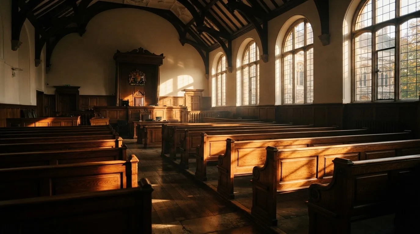 An empty courtroom with wooden benches in morning light