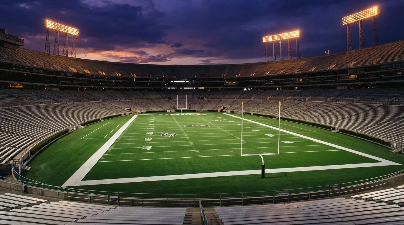 An empty football stadium with floodlight masts at dusk
