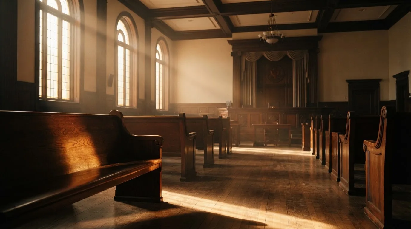 An empty courtroom with wooden benches in morning light