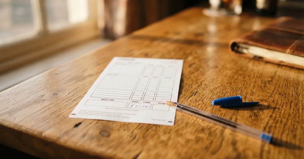 A blank paper betting slip beside a pen on a wooden counter