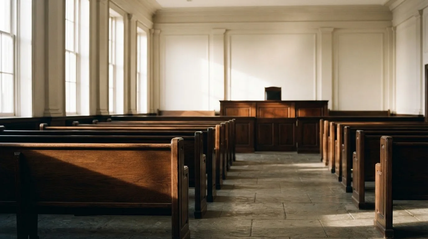 An empty courtroom with wooden benches in morning light