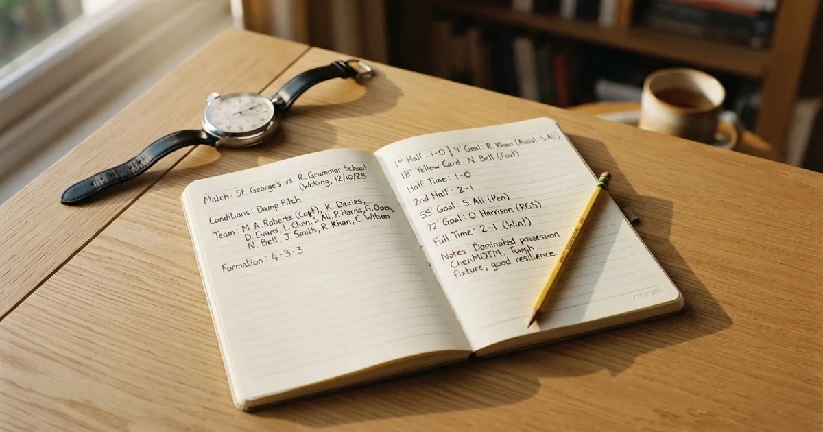 An open notebook with a pencil and a stopwatch on a wooden table