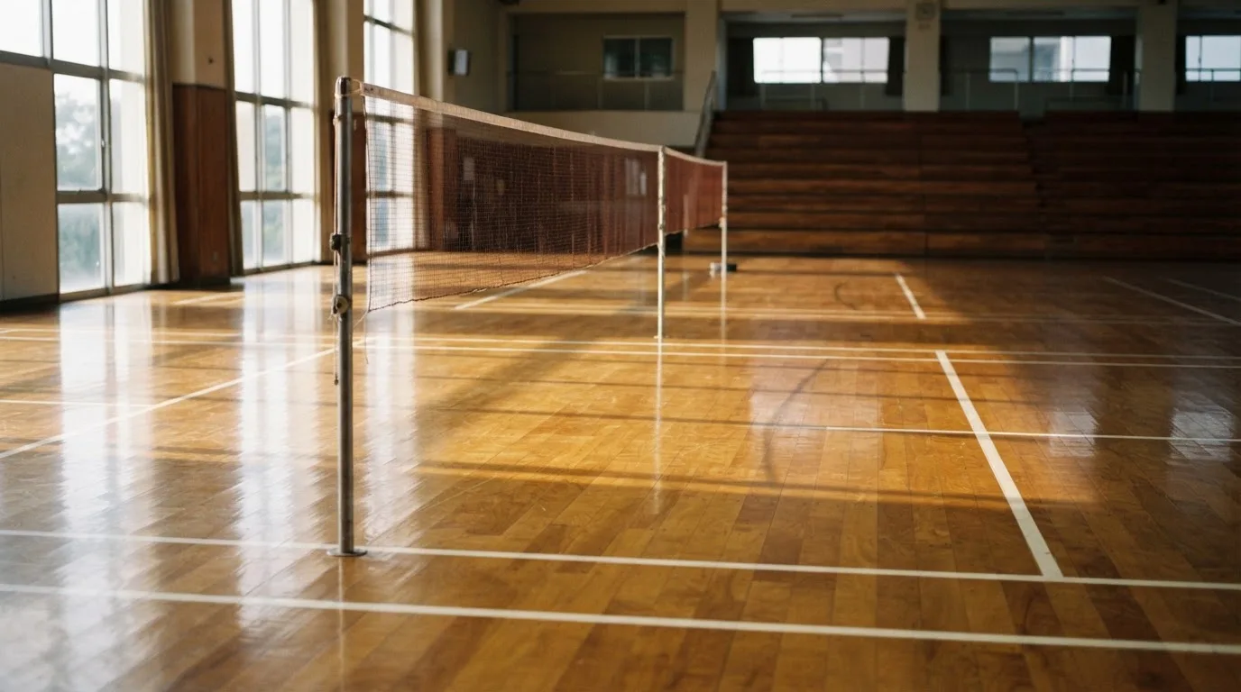 An empty courtroom with wooden benches in morning light