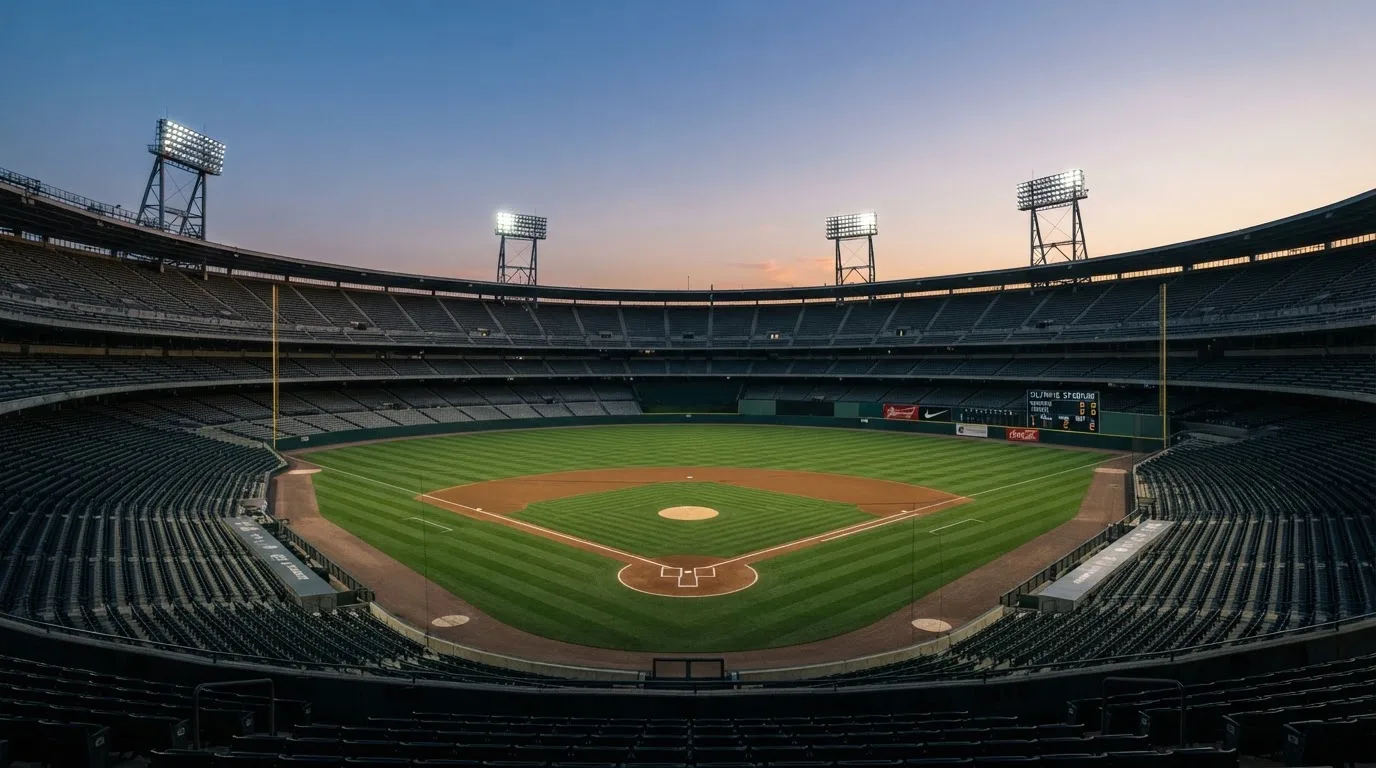 An empty football stadium with floodlight masts at dusk