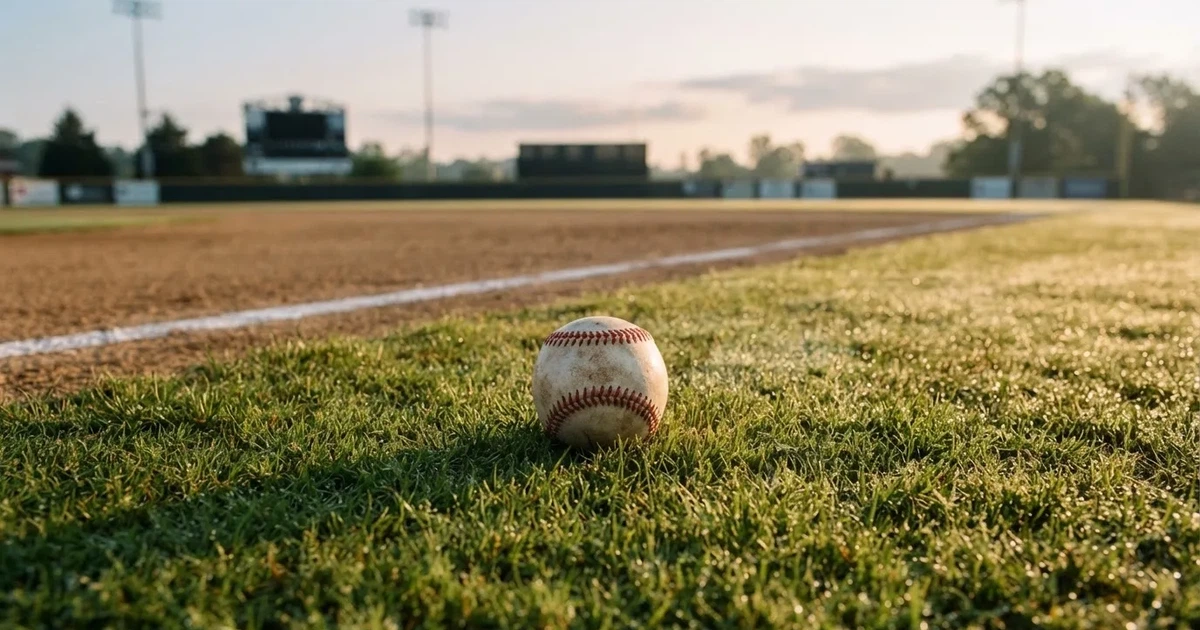 A ball on the centre spot of a grass pitch in morning light