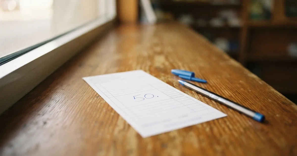 A blank paper betting slip beside a pen on a wooden counter