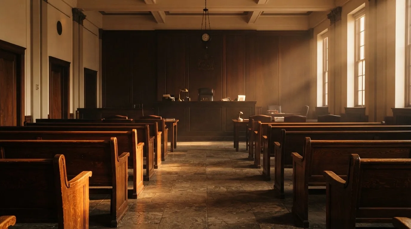 An empty courtroom with wooden benches in morning light