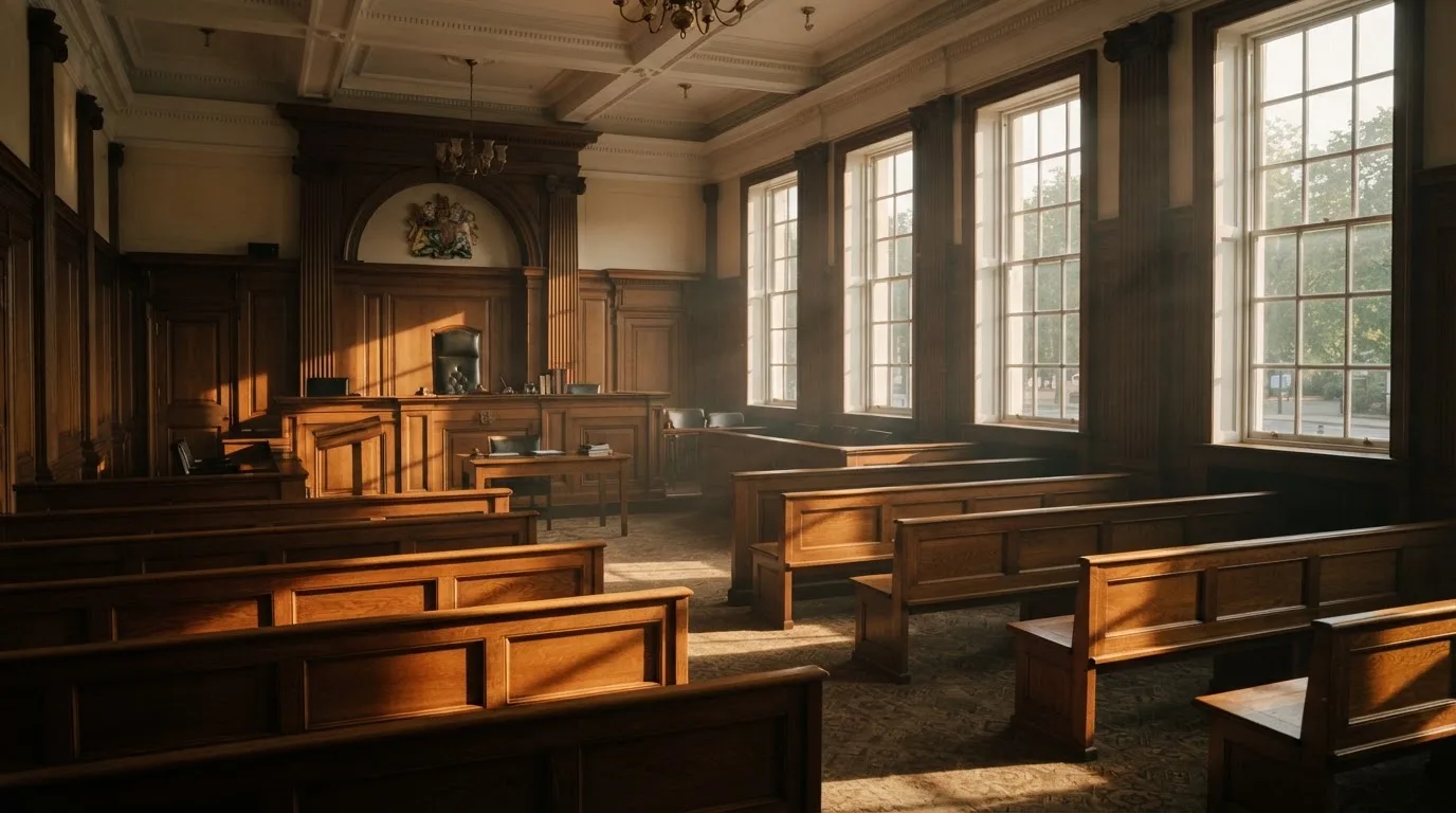 An empty courtroom with wooden benches in morning light
