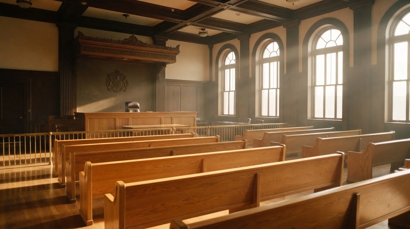 An empty courtroom with wooden benches in morning light