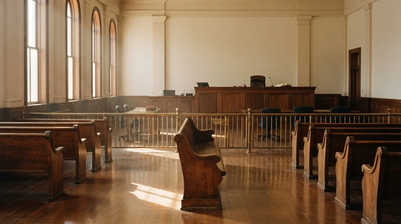 An empty courtroom with wooden benches in morning light
