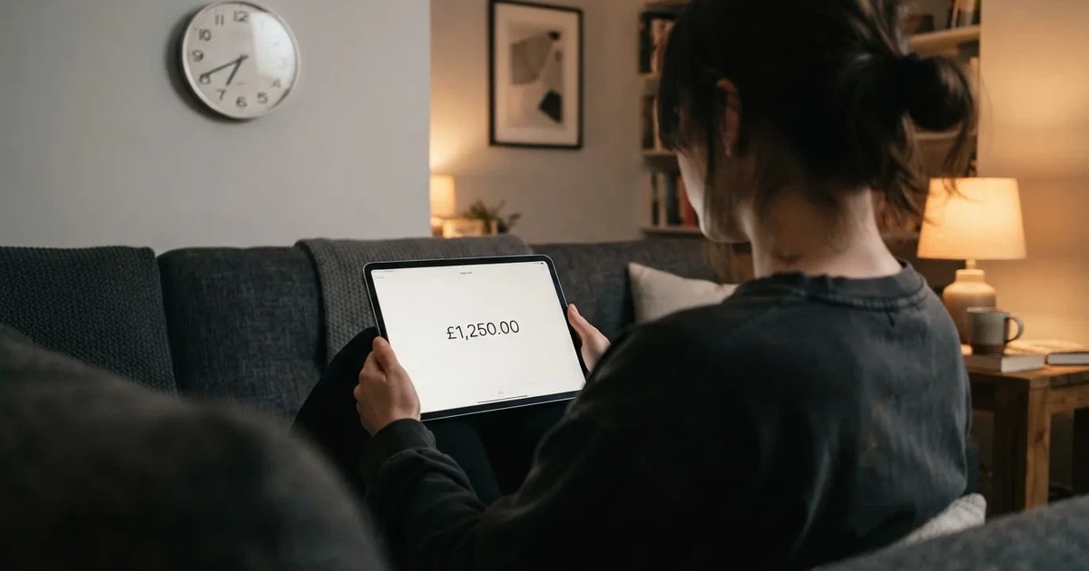 A person on a sofa looking thoughtfully at a tablet, a wall clock in the background