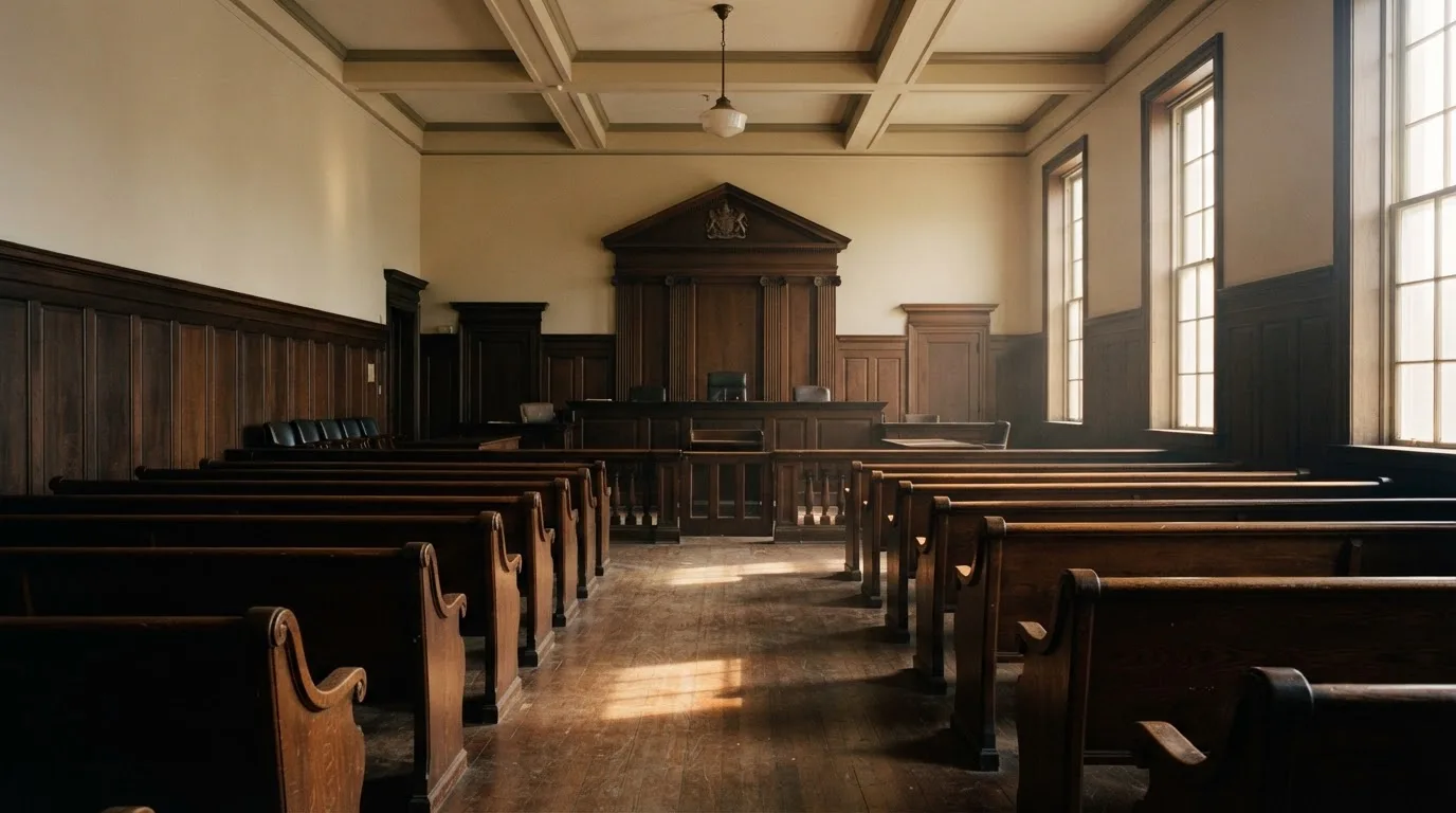 An empty courtroom with wooden benches in morning light