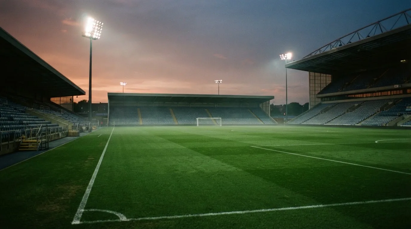 An empty football stadium with floodlight masts at dusk