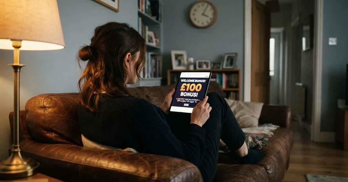 A person on a sofa looking thoughtfully at a tablet, a wall clock in the background