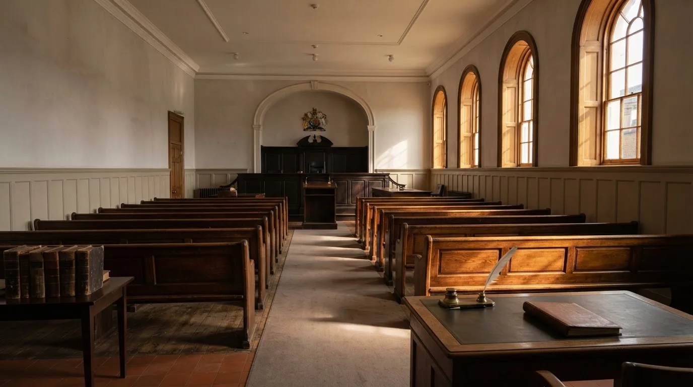 An empty courtroom with wooden benches in morning light