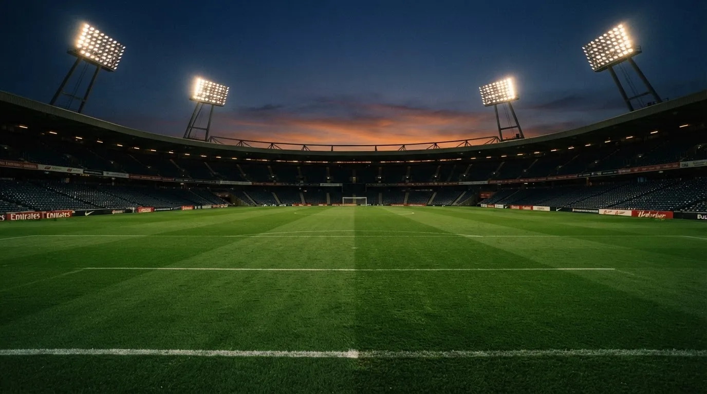 An empty football stadium with floodlight masts at dusk