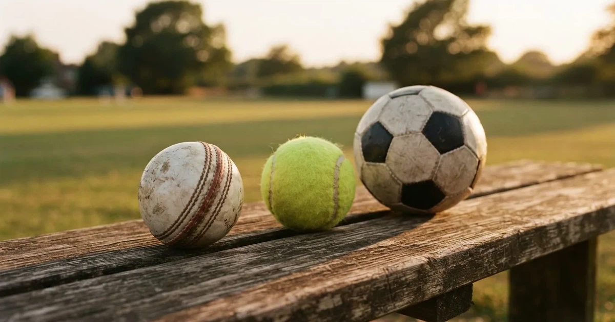 Three balls of different kinds side by side on a wooden bench
