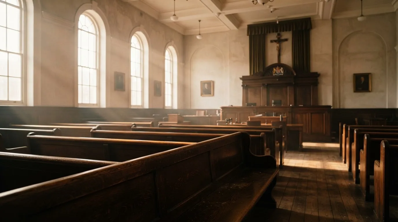 An empty courtroom with wooden benches in morning light