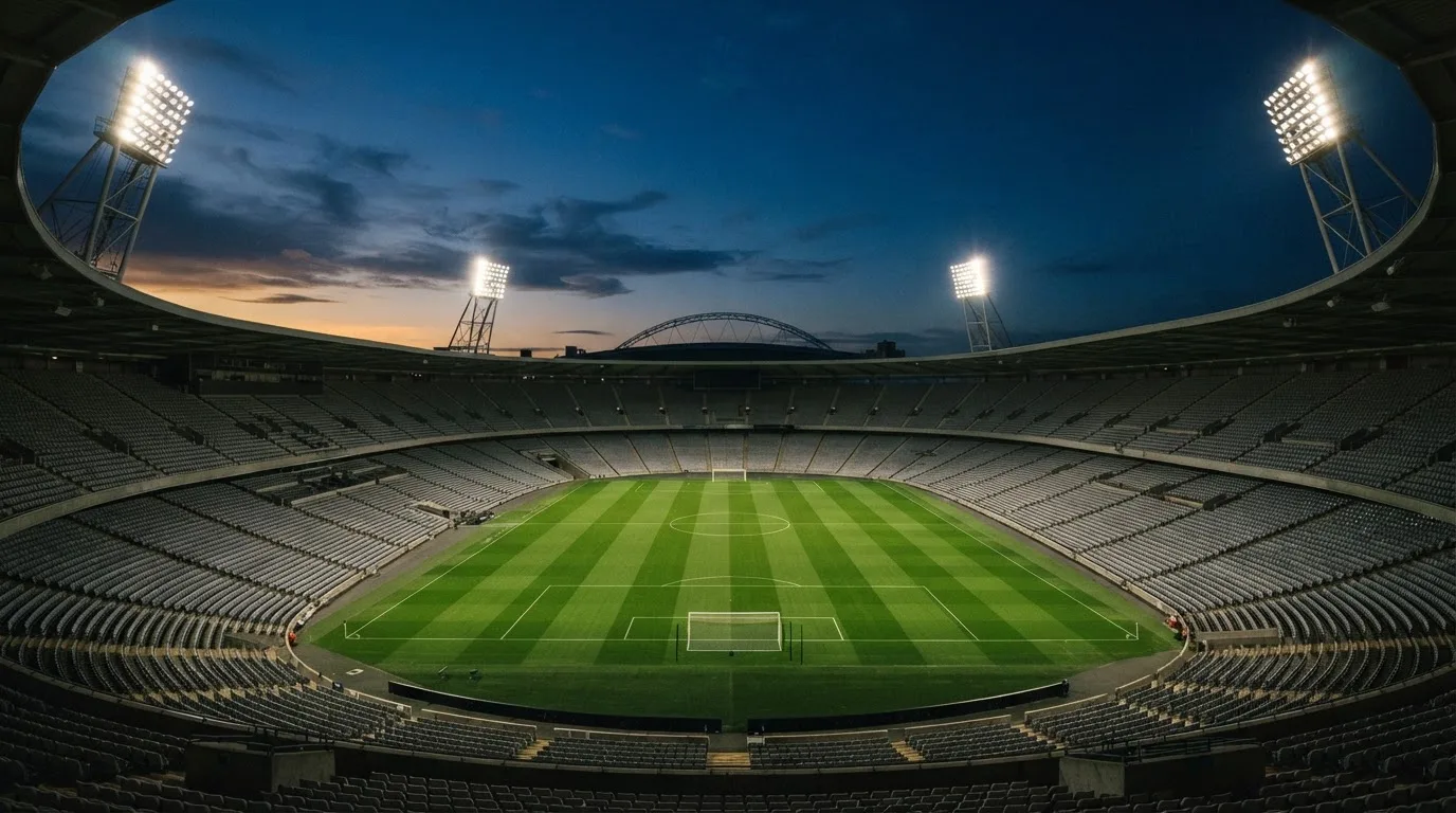 An empty football stadium with floodlight masts at dusk