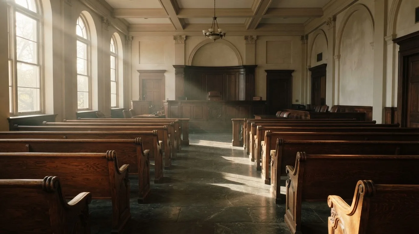 An empty courtroom with wooden benches in morning light