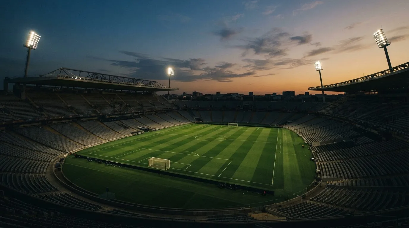 An empty football stadium with floodlight masts at dusk