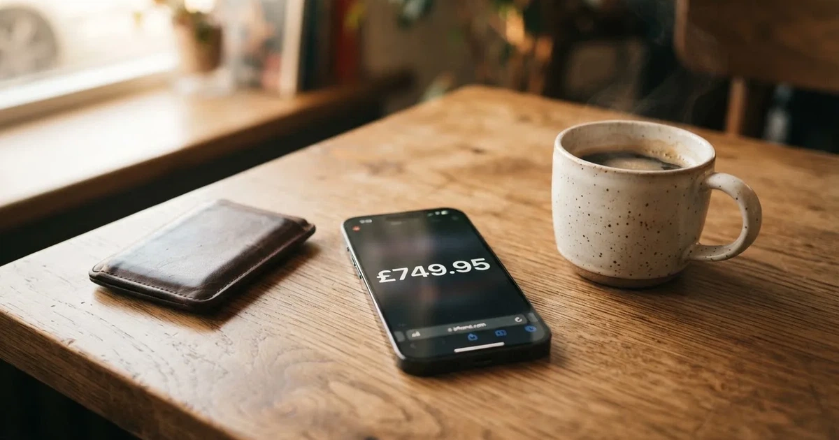 A smartphone on a wooden table beside a wallet and a coffee cup