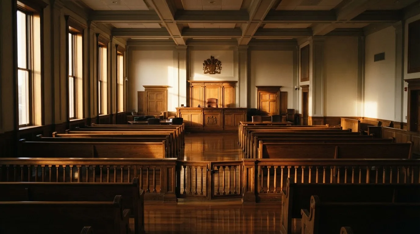 An empty courtroom with wooden benches in morning light