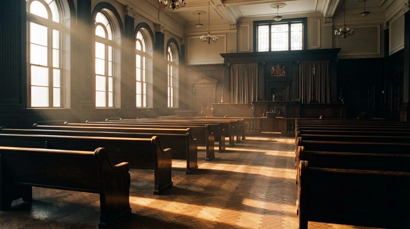 An empty courtroom with wooden benches in morning light