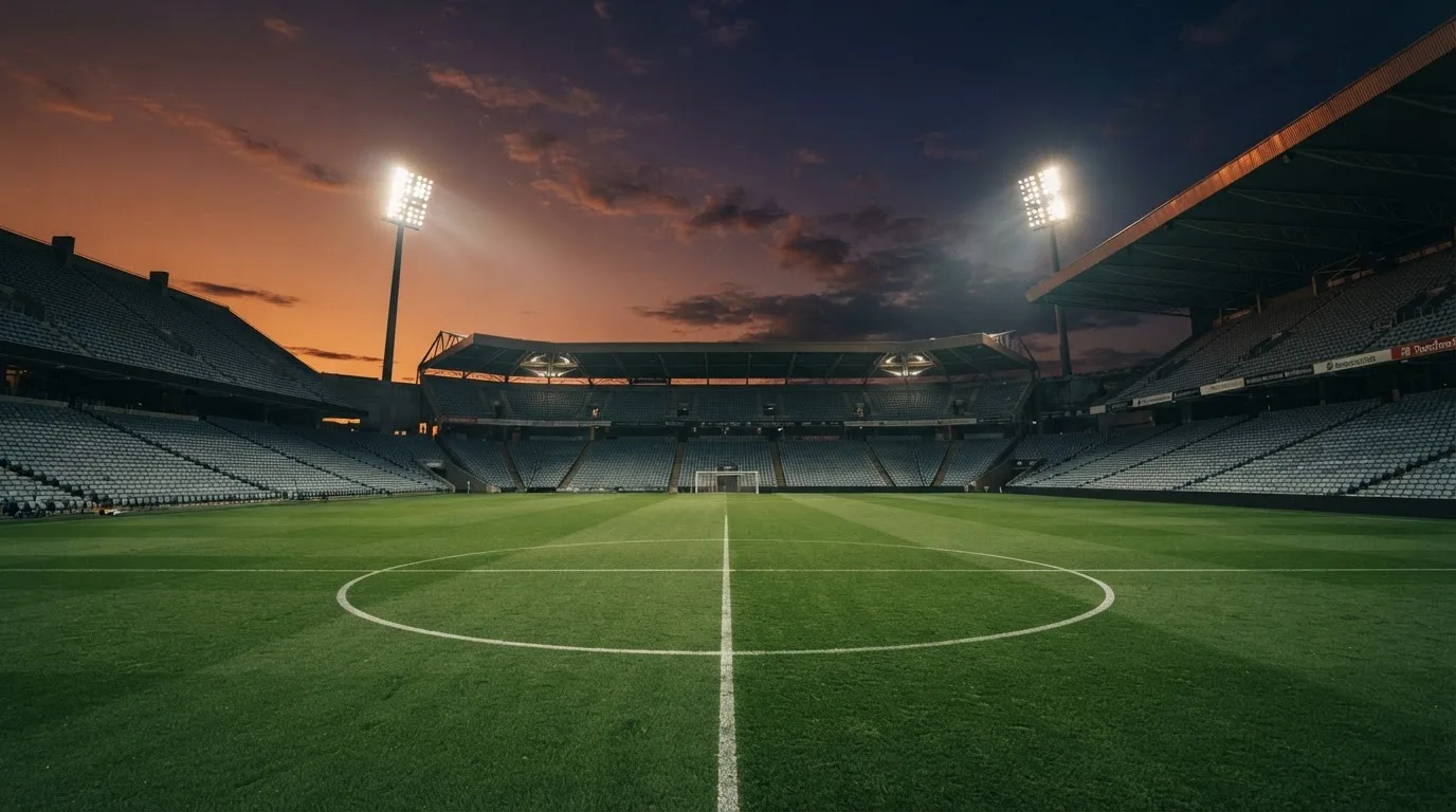 An empty football stadium with floodlight masts at dusk