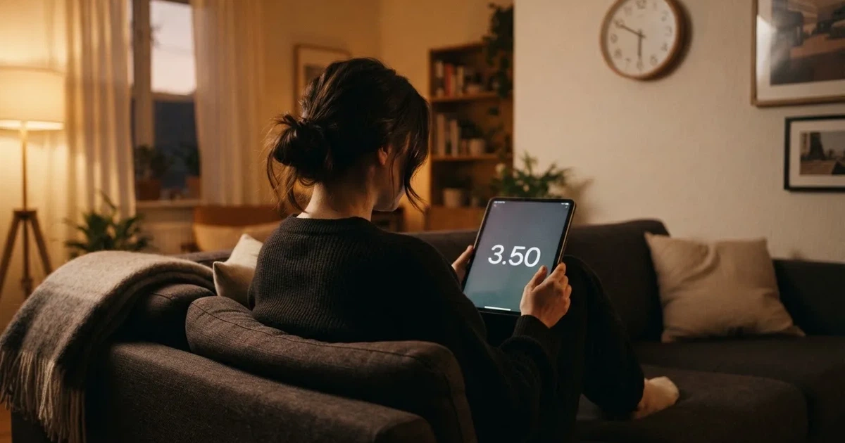A person on a sofa looking thoughtfully at a tablet, a wall clock in the background