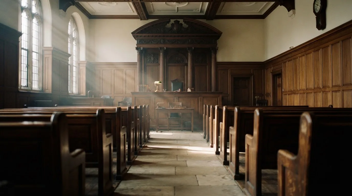 An empty courtroom with wooden benches in morning light