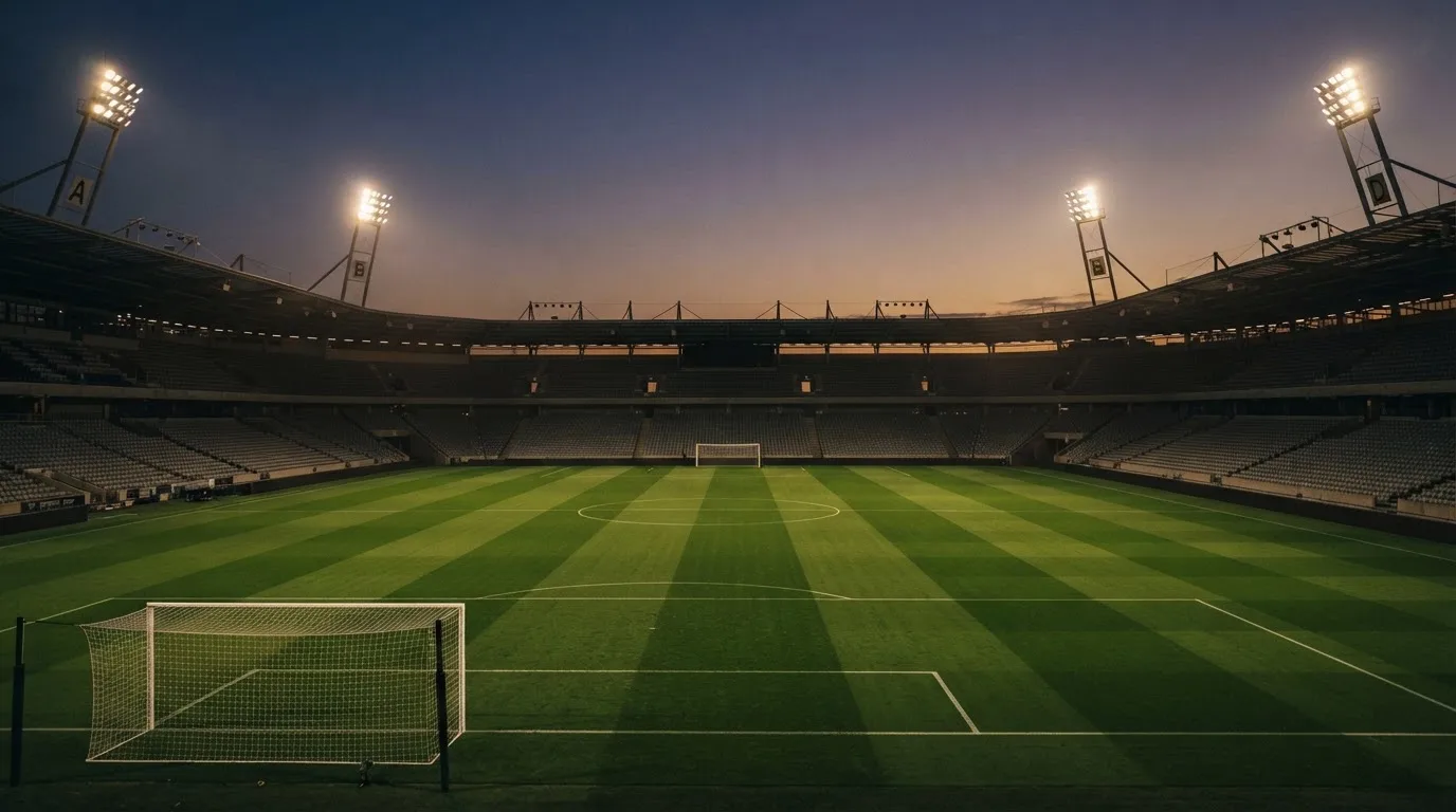 An empty football stadium with floodlight masts at dusk