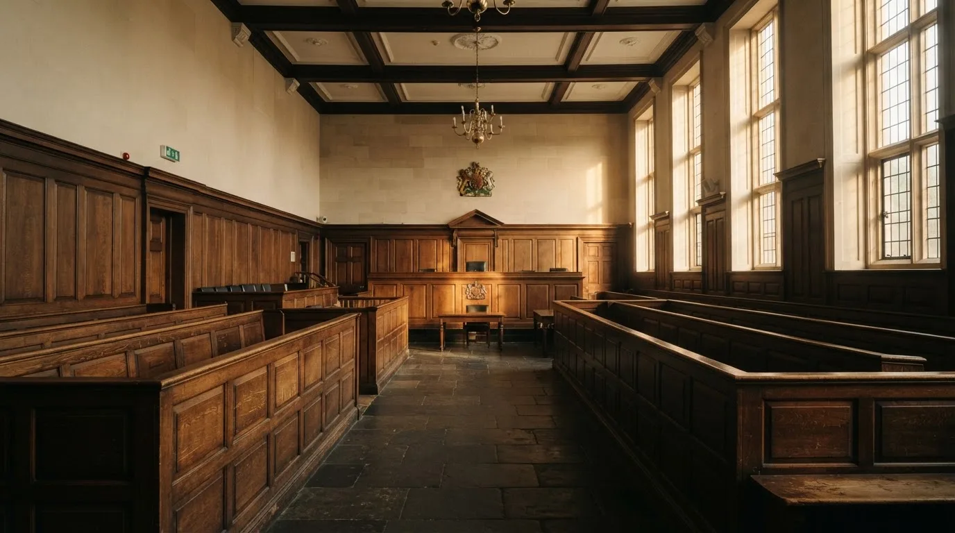 An empty courtroom with wooden benches in morning light