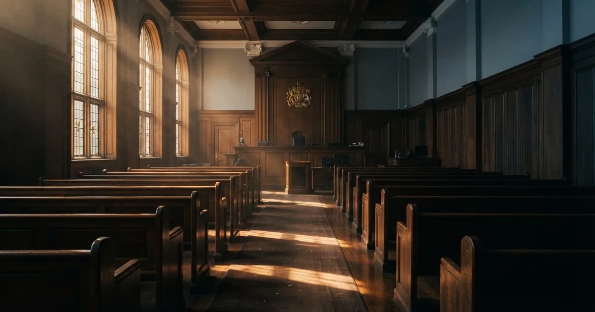 An empty courtroom with wooden benches in morning light