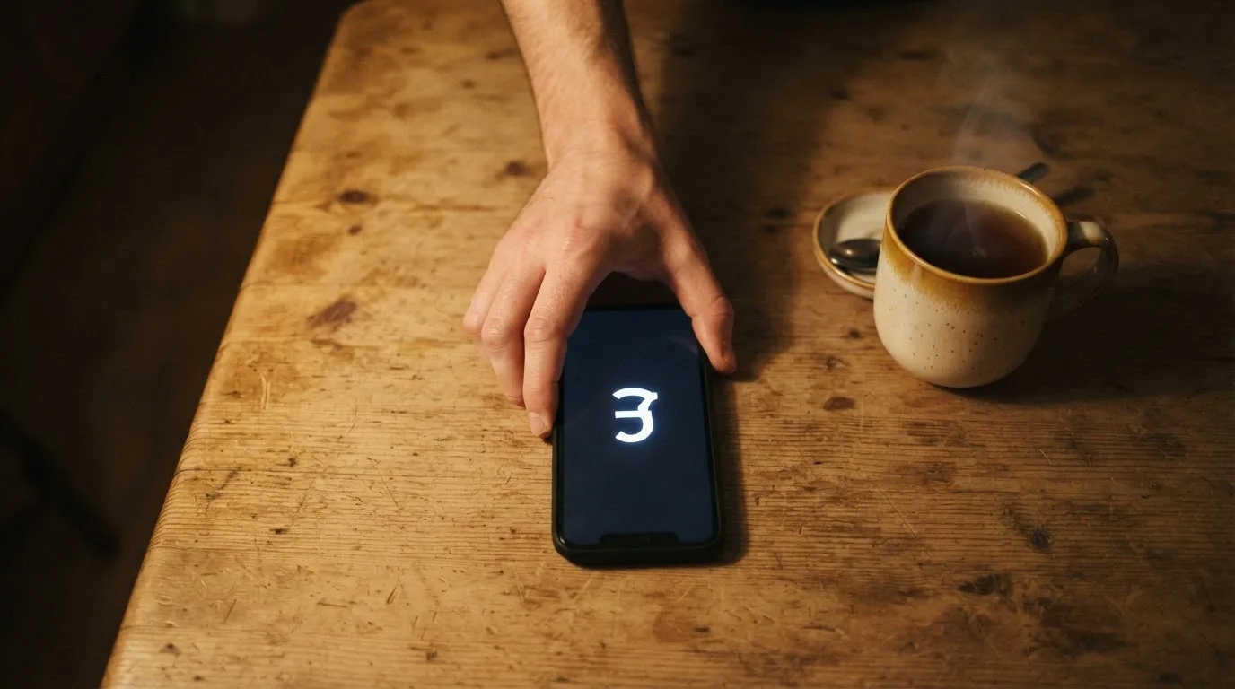 A hand setting a smartphone down beside a cup of tea on a kitchen table on a quiet evening