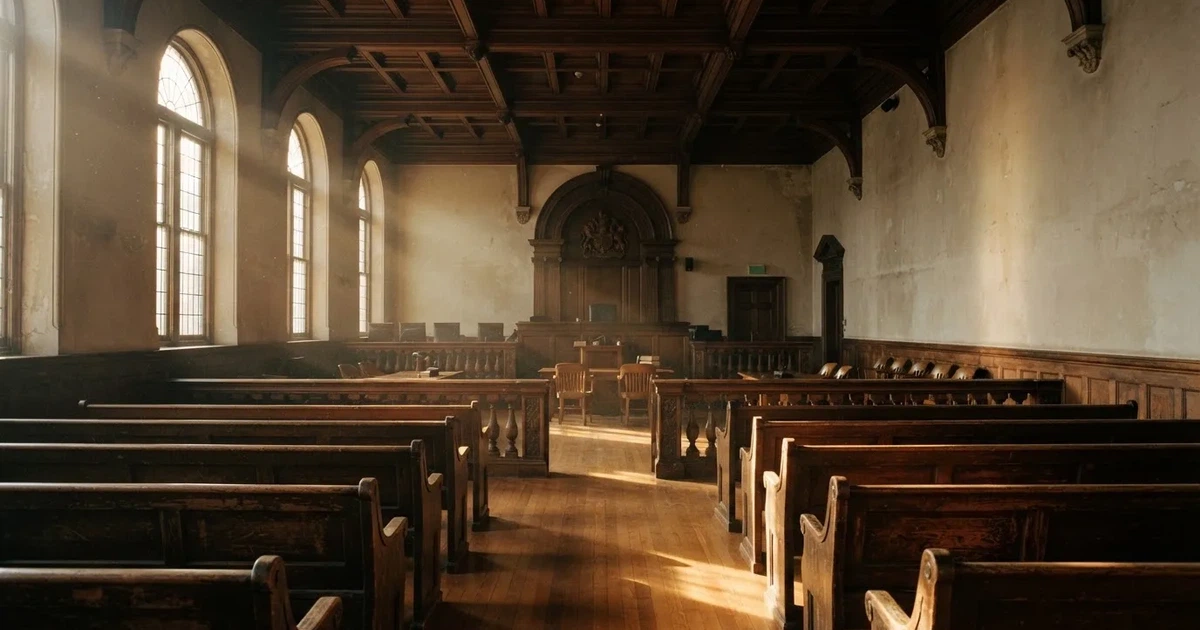 An empty courtroom with wooden benches in morning light